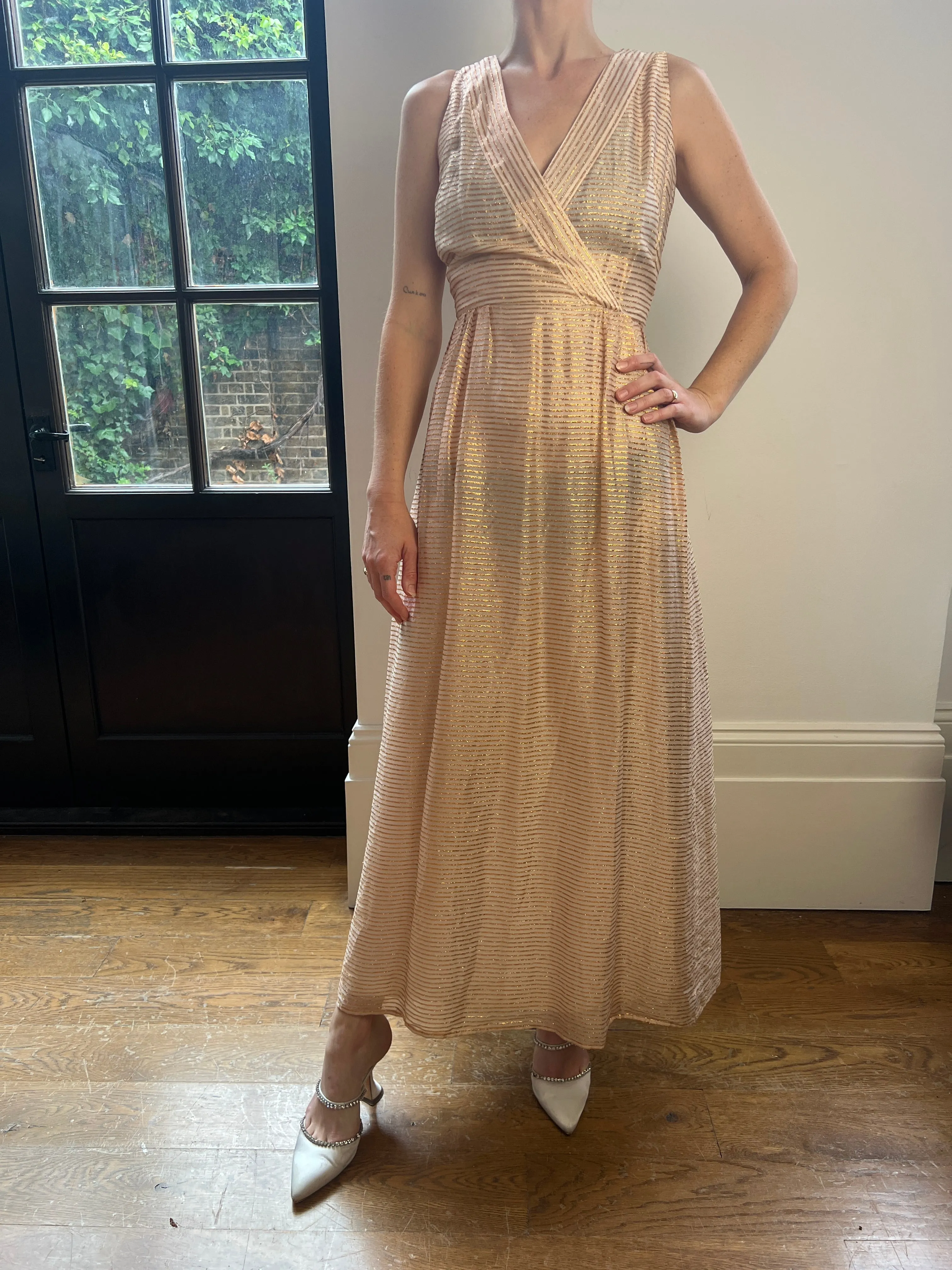 1960s Jean Allen Gold and Cream Lurex Maxi Dress