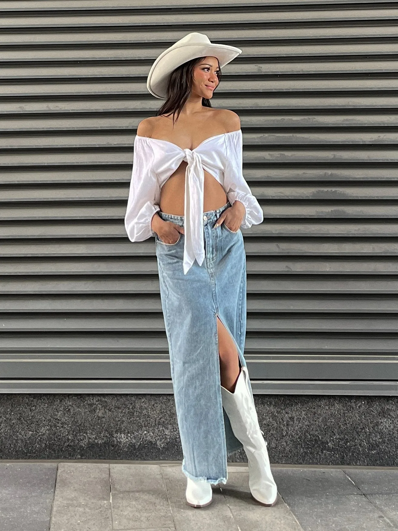 27 Belle Denim Front Split Maxi Skirt