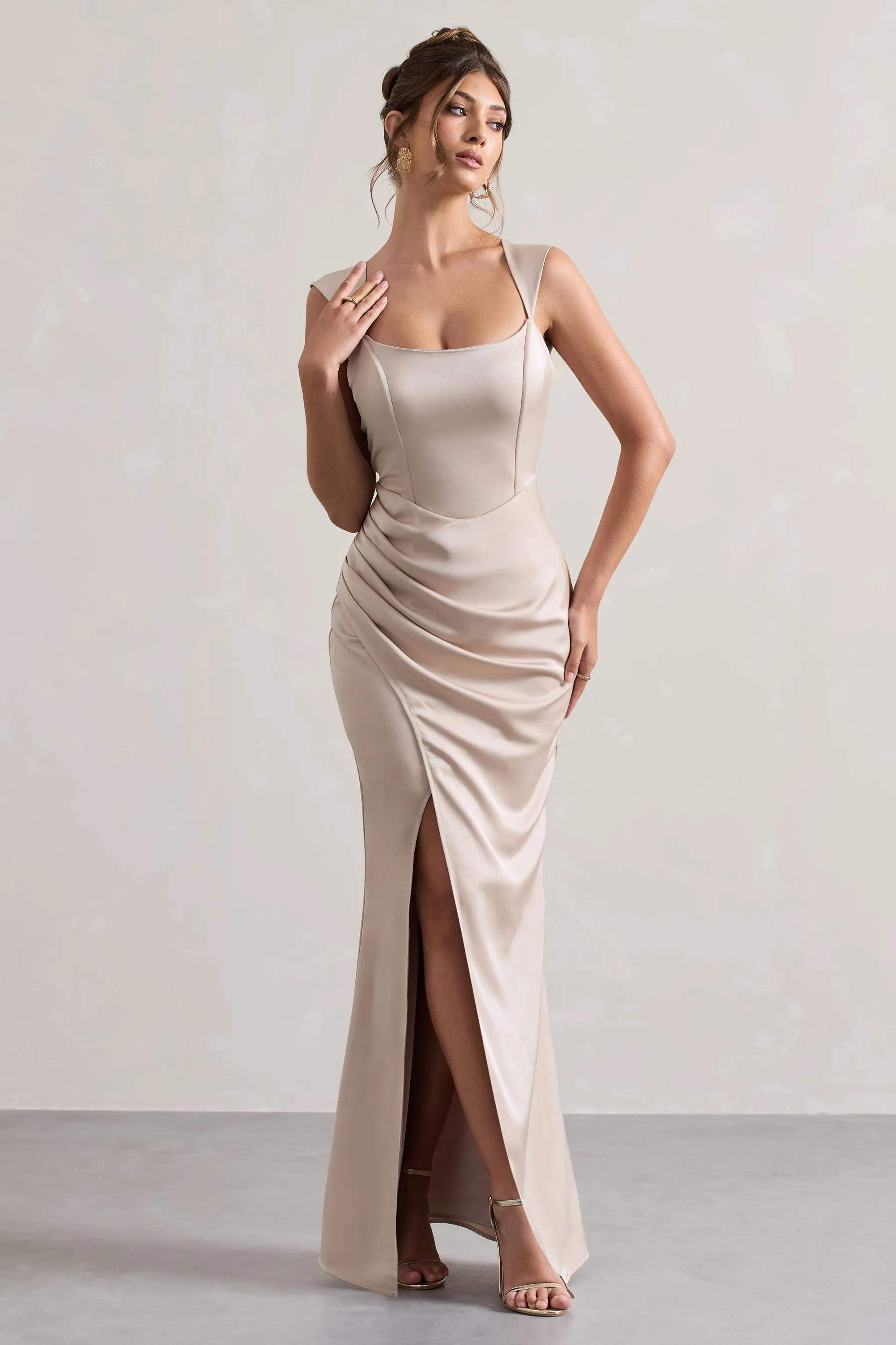 A Romantic | Champagne Satin Corset Wrap Maxi Dress