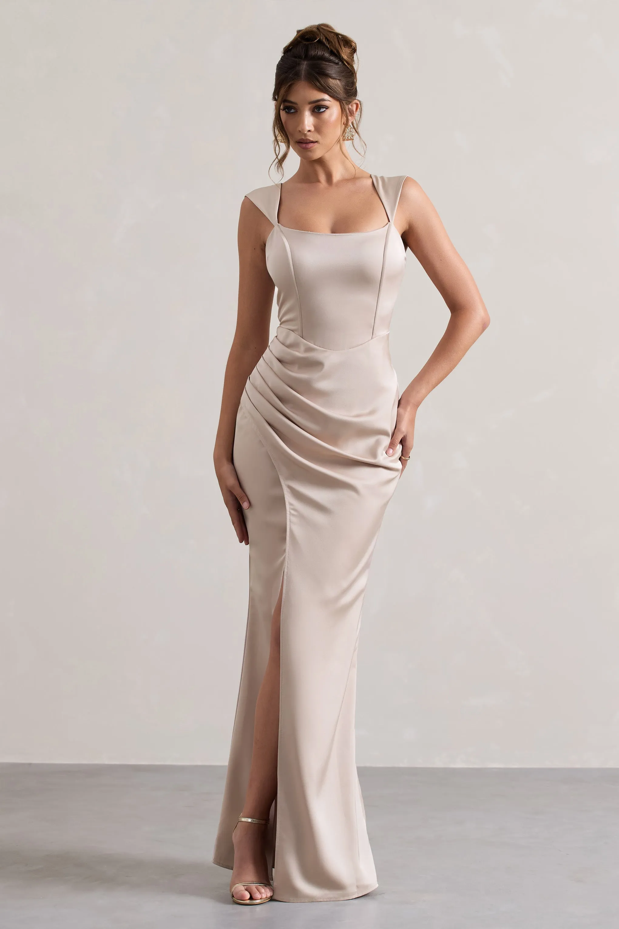 A Romantic | Champagne Satin Corset Wrap Maxi Dress