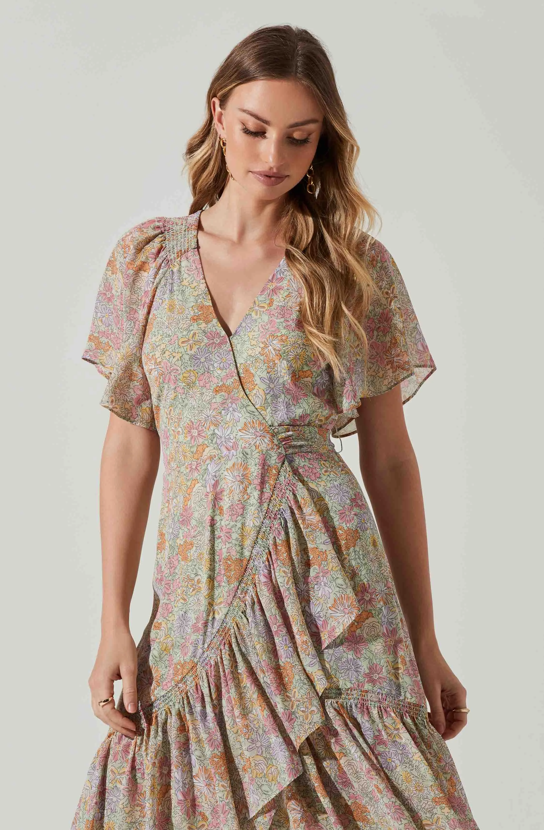 Adella Floral Flutter Sleeve Ruffle Midi Dress