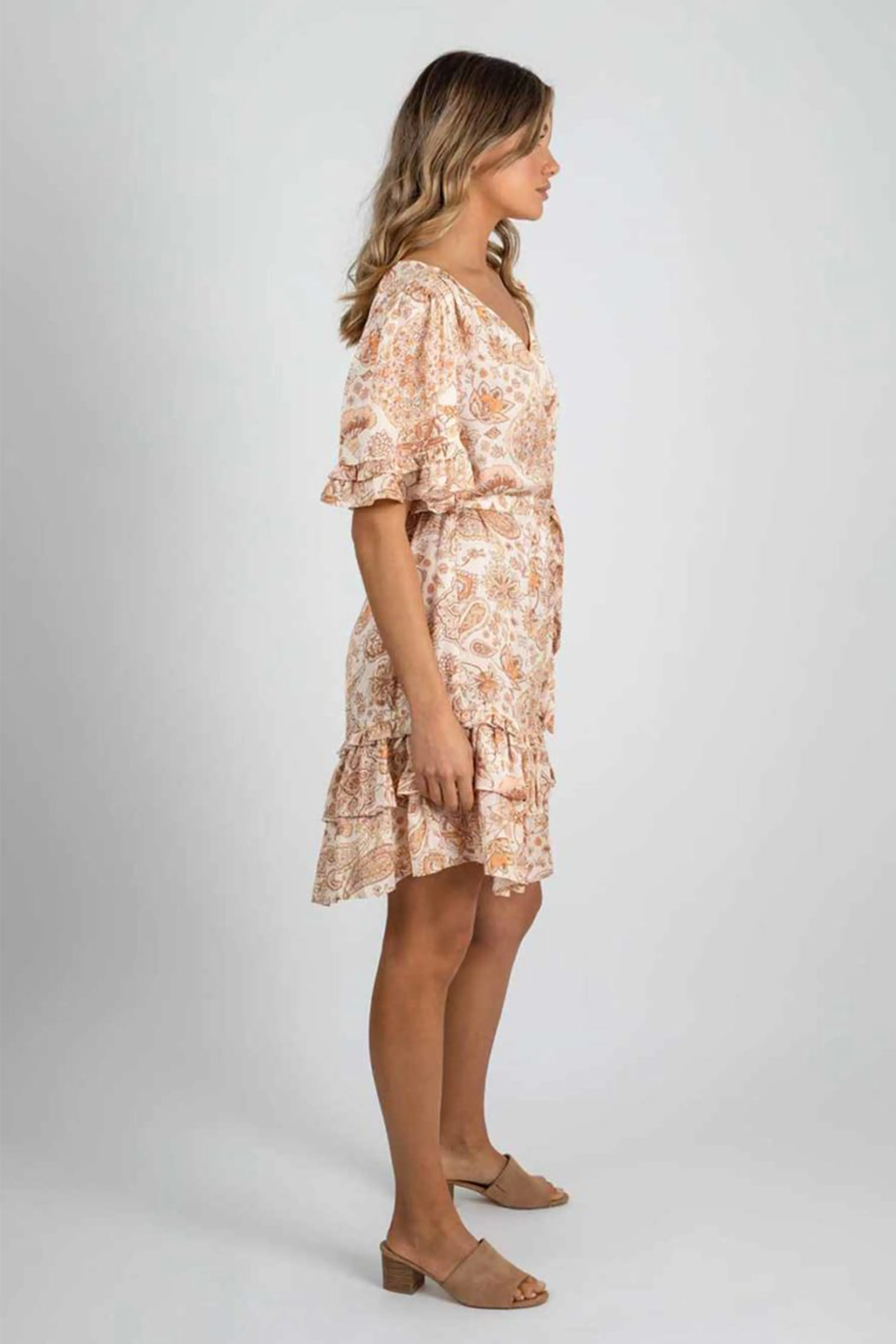 Amara Ruffle Ivory   Terracotta Paisley V Neck SS Mini Dress