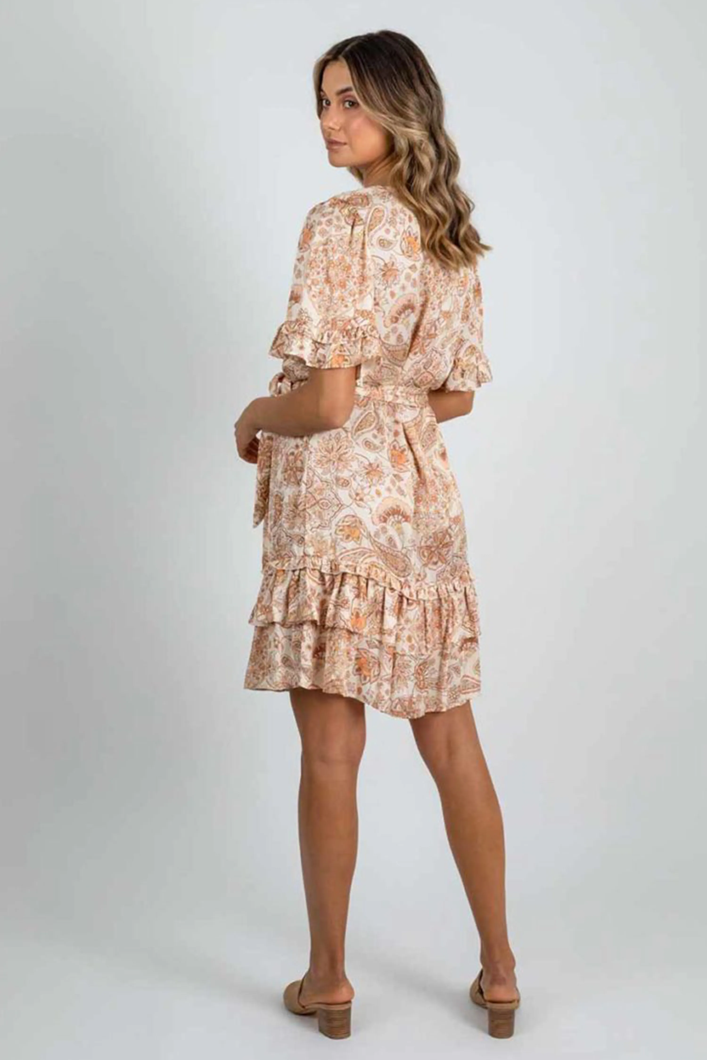 Amara Ruffle Ivory   Terracotta Paisley V Neck SS Mini Dress