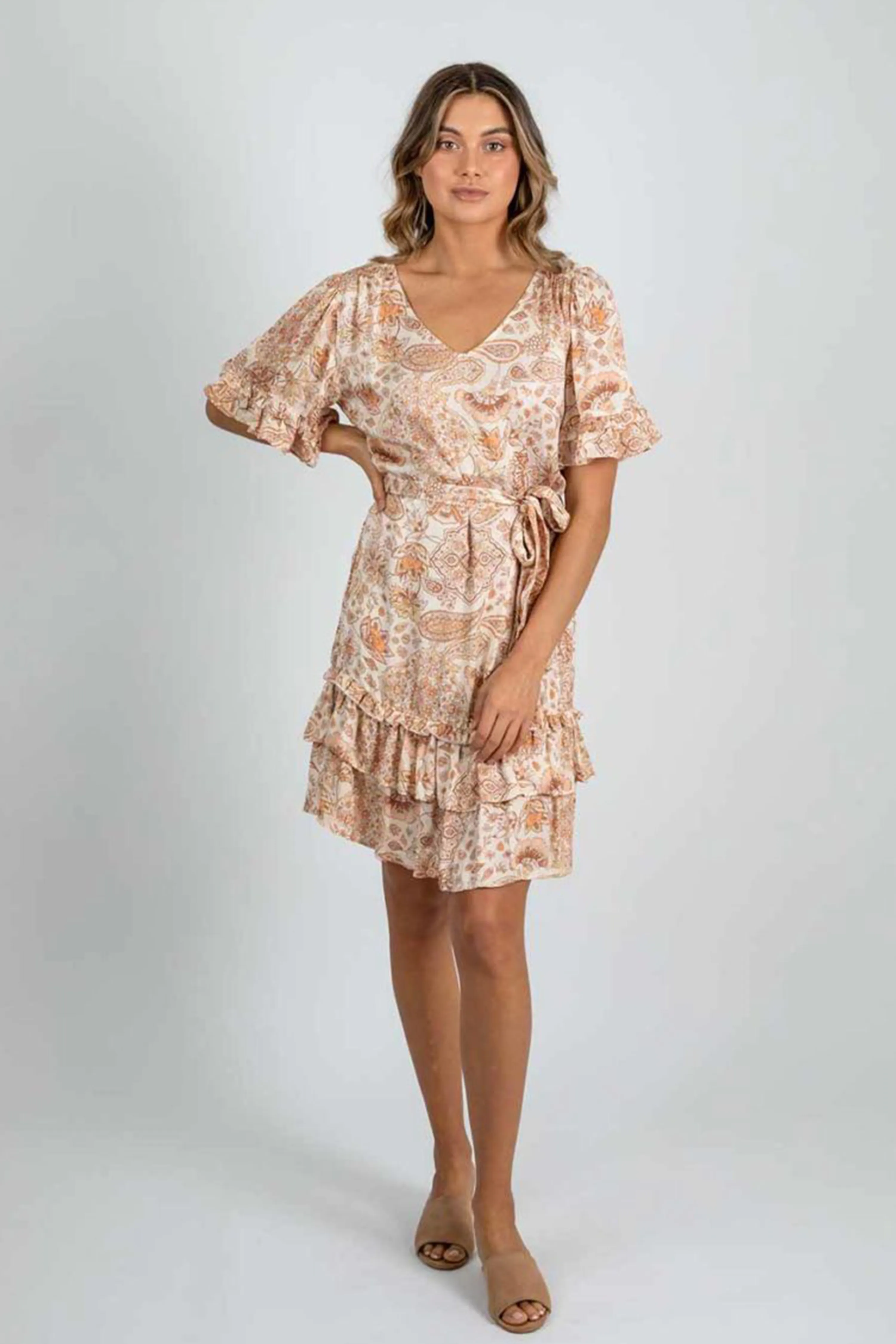 Amara Ruffle Ivory   Terracotta Paisley V Neck SS Mini Dress