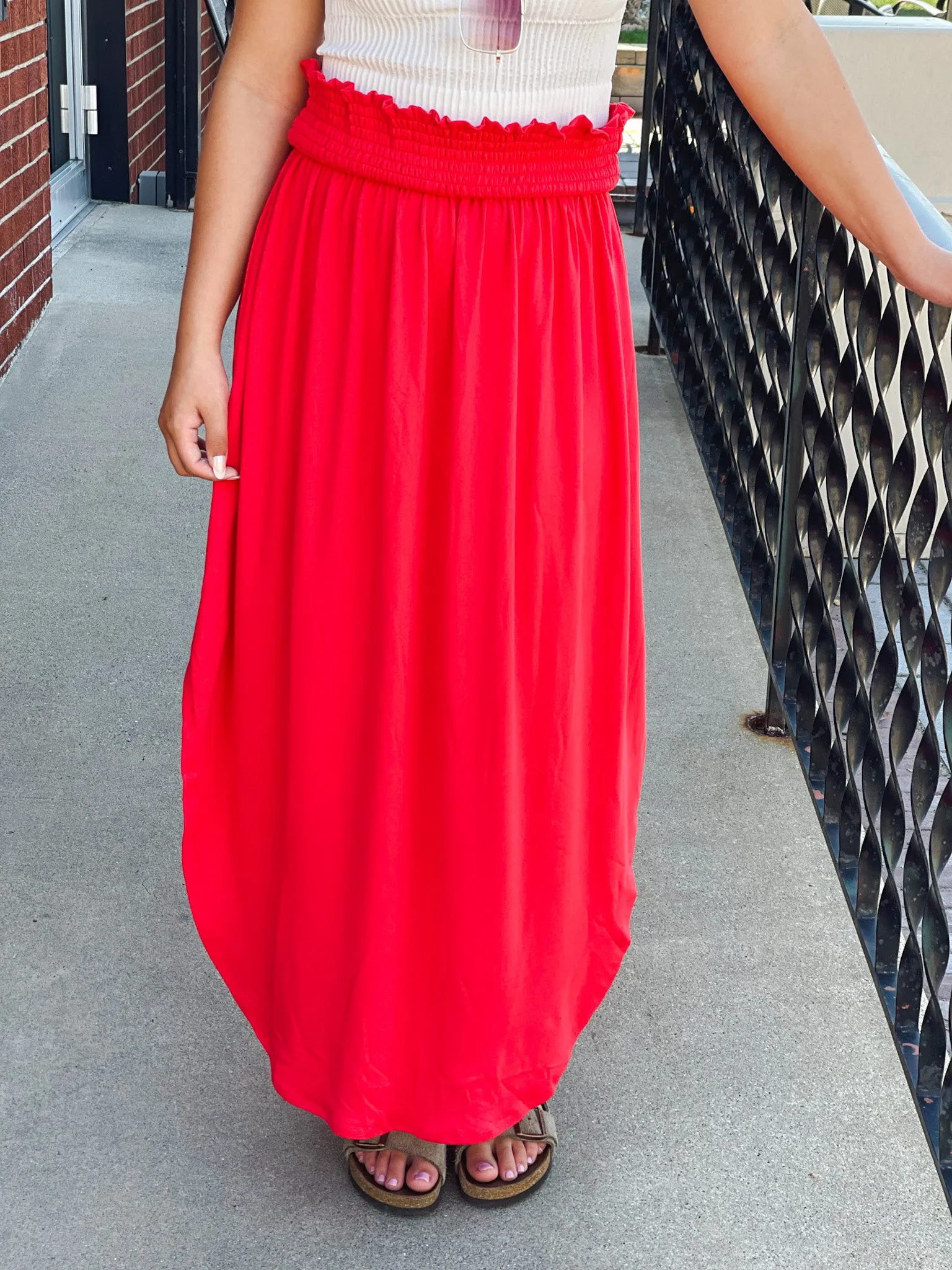 APPLE RED SMOCKED MAXI SKIRT