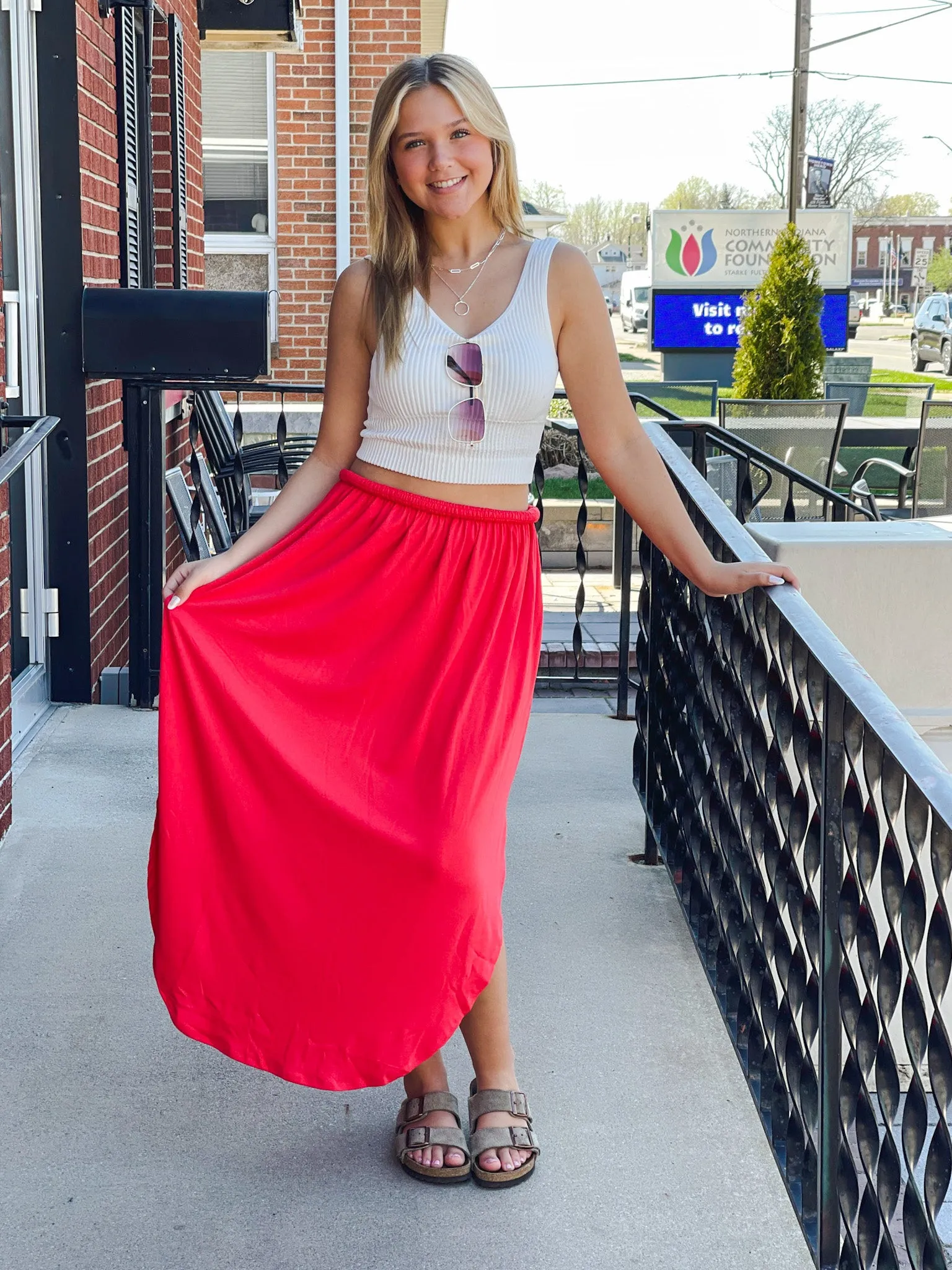 APPLE RED SMOCKED MAXI SKIRT