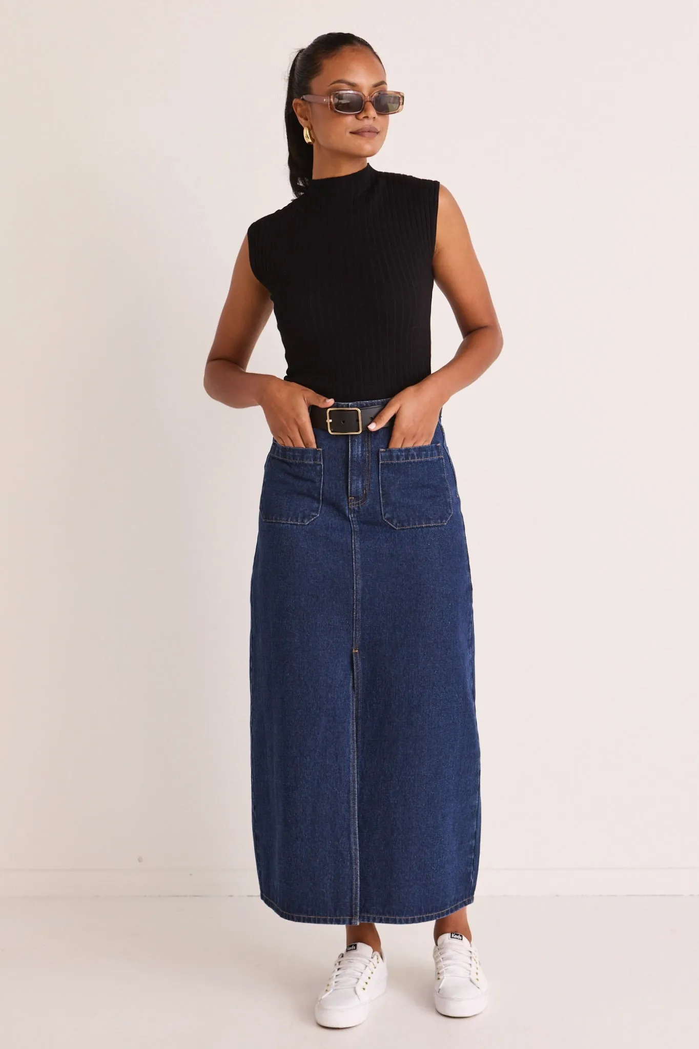 Assume Indigo Pocket Front Denim Maxi Skirt