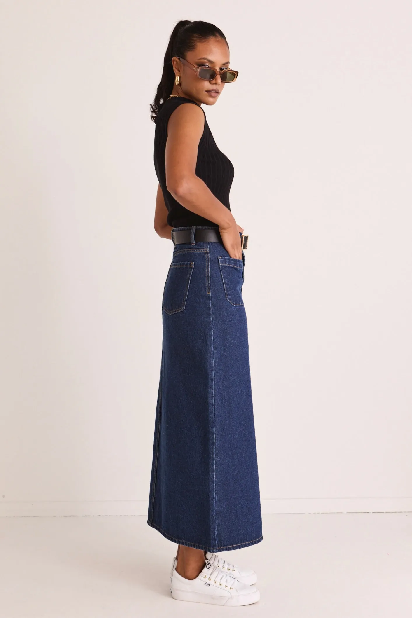 Assume Indigo Pocket Front Denim Maxi Skirt