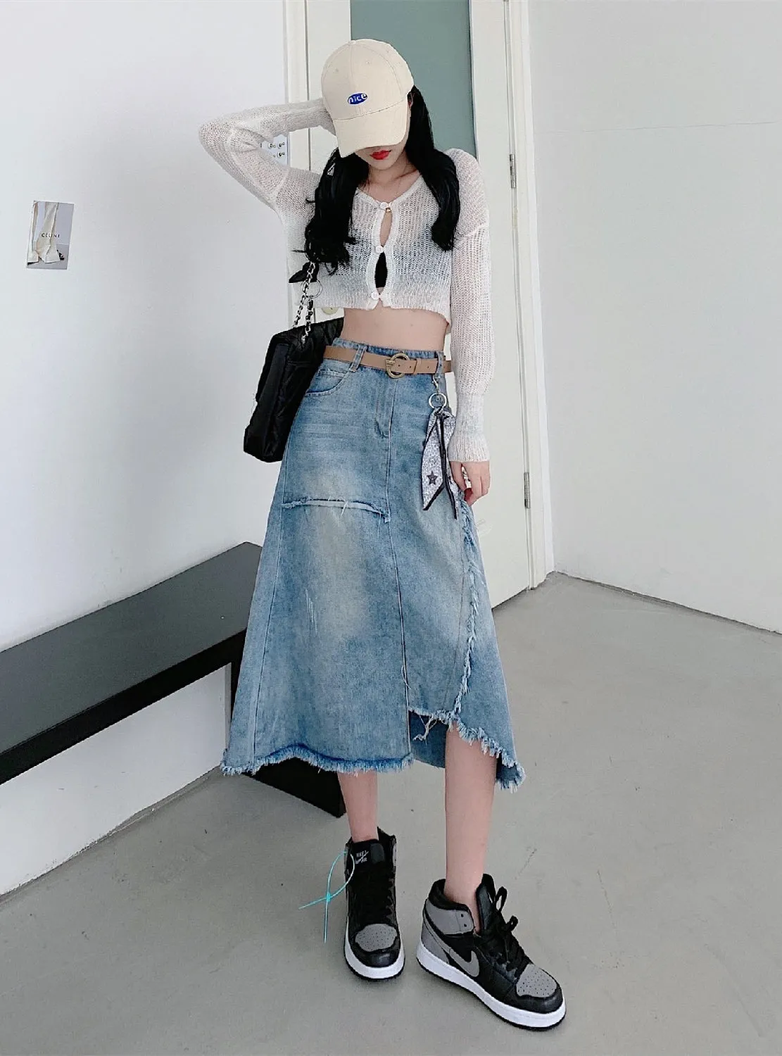 Asymmetric Long Denim Skirt