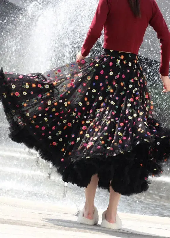 Beautiful Black Embroidered Floral Exra Large Hem Tulle Skirt Spring HA1021