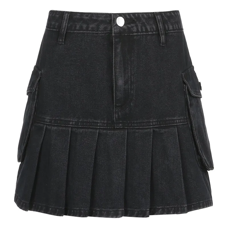 Black Denim Pleat Skirt