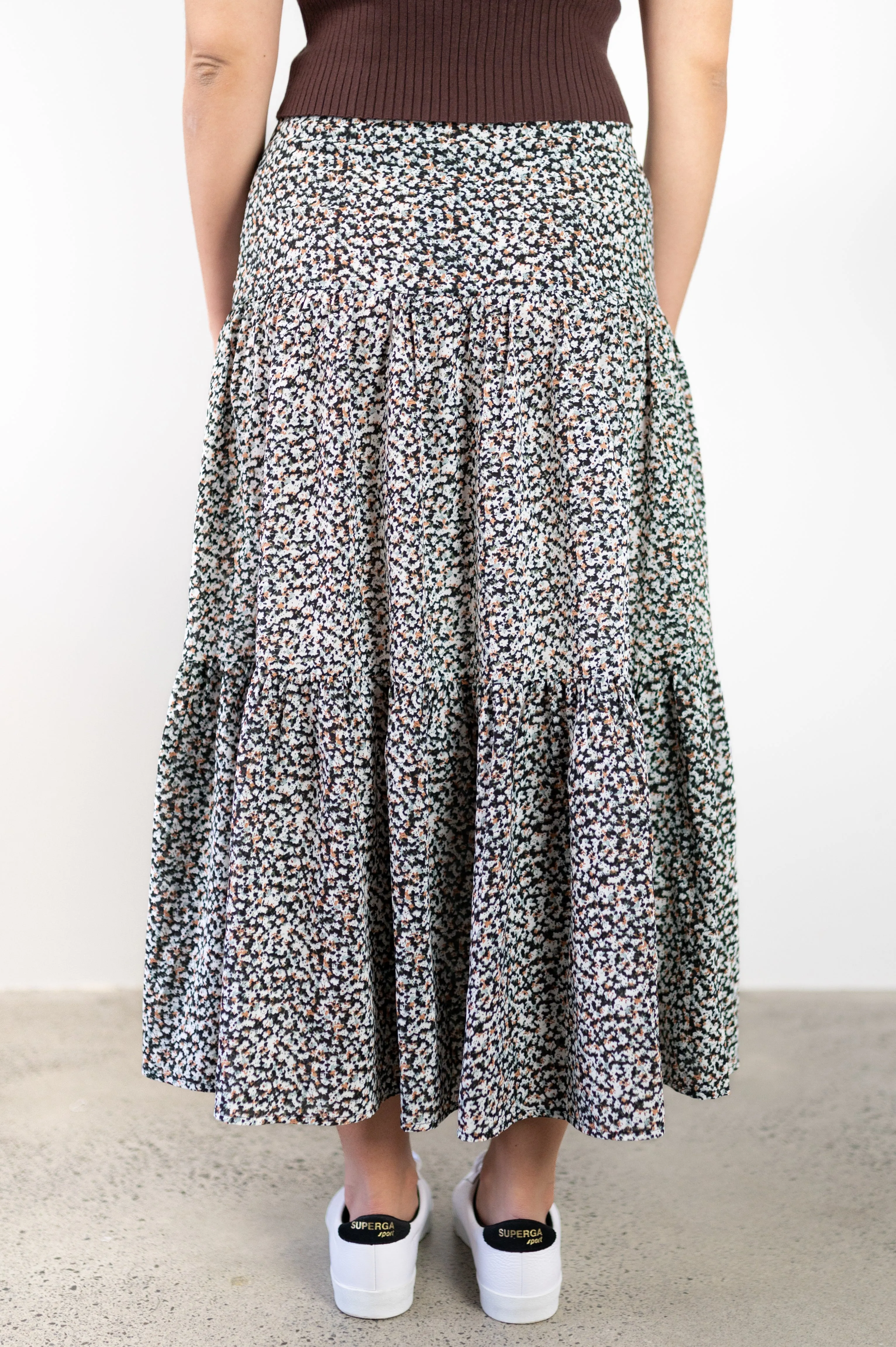 Blazing Toffee Mini Blossom Tiered Midi Skirt