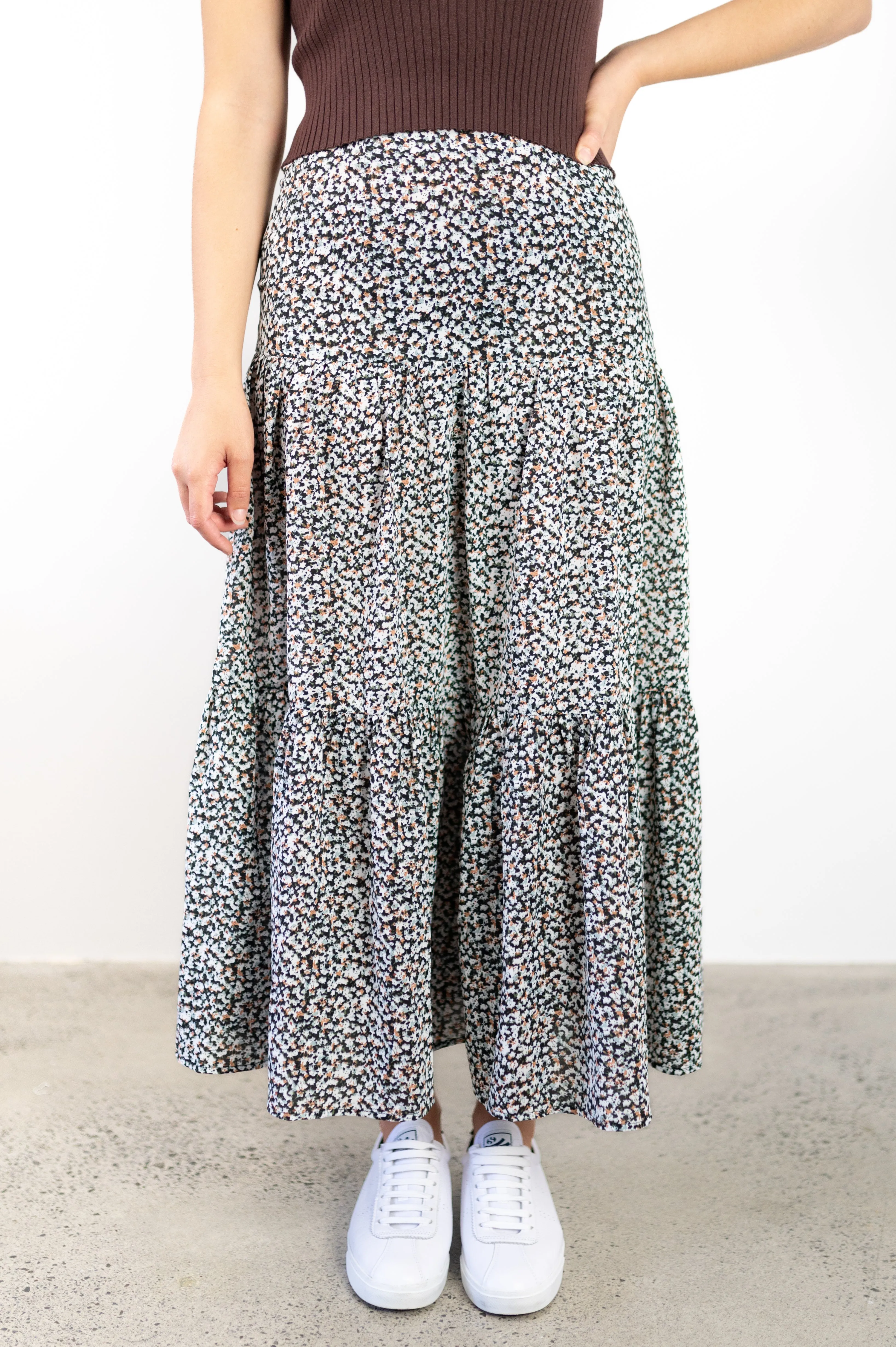 Blazing Toffee Mini Blossom Tiered Midi Skirt