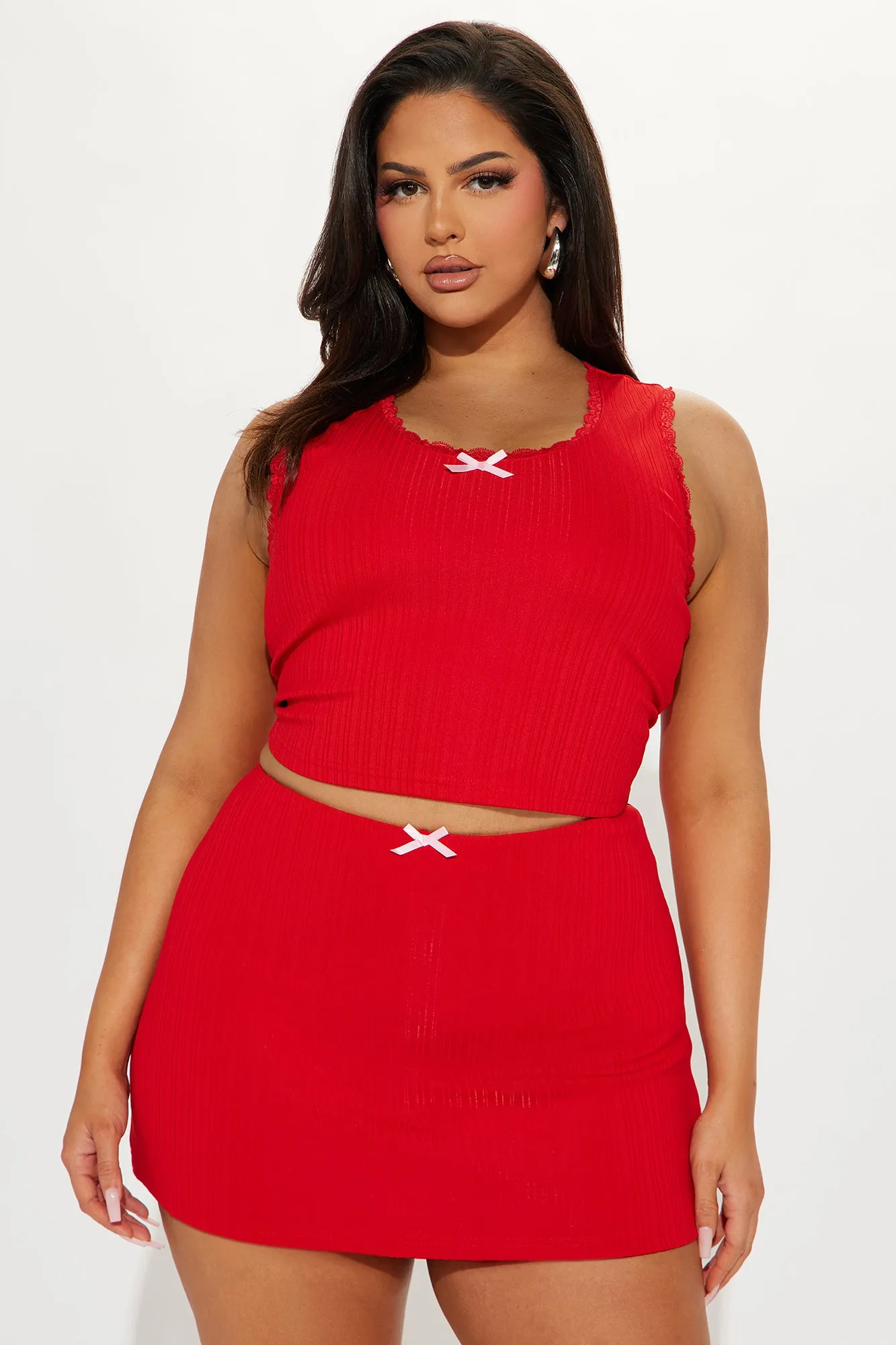 Bow Love Ribbed Skirt Set - Red