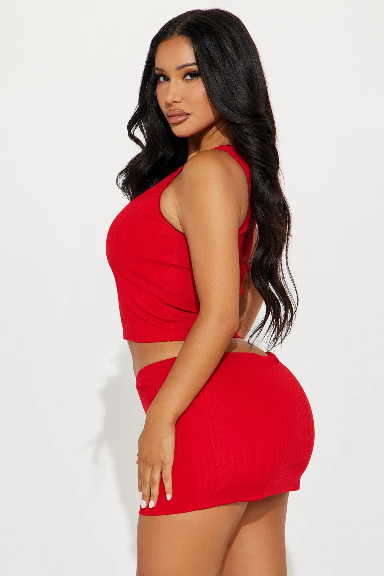 Bow Love Ribbed Skirt Set - Red