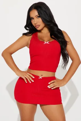 Bow Love Ribbed Skirt Set - Red