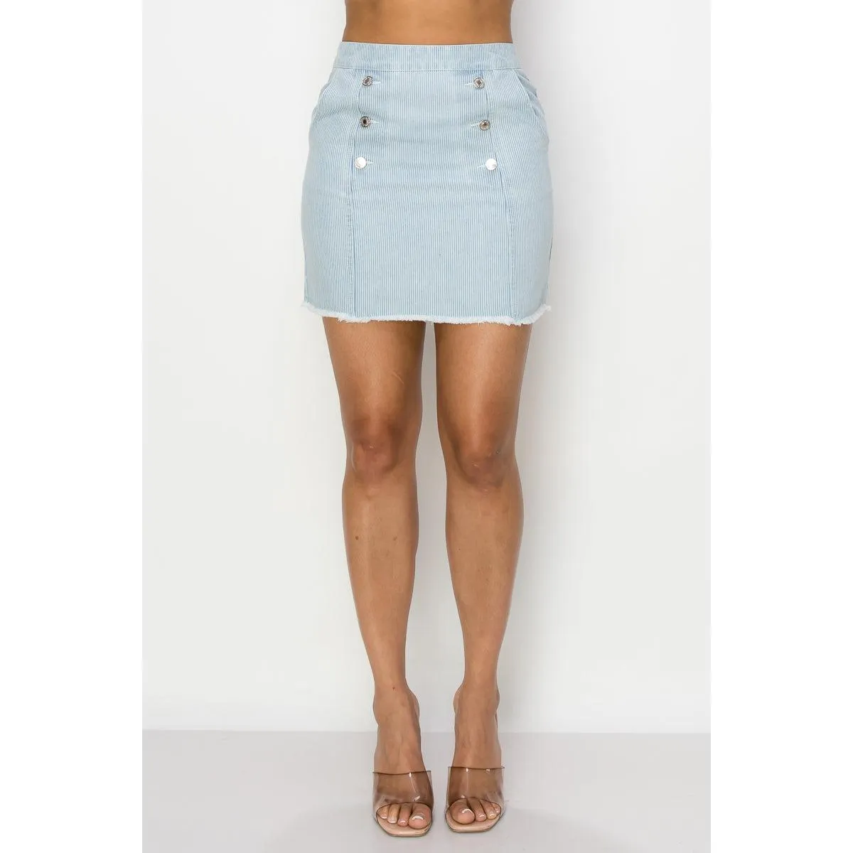 Button Frayed Denim Mini Skirt