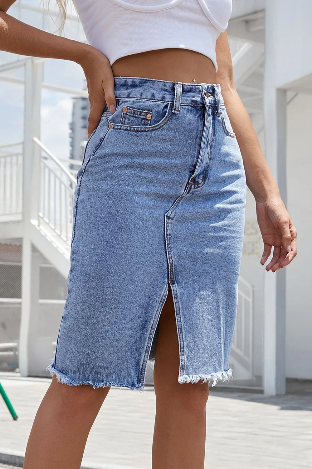 Buttoned Slit Denim Skirt