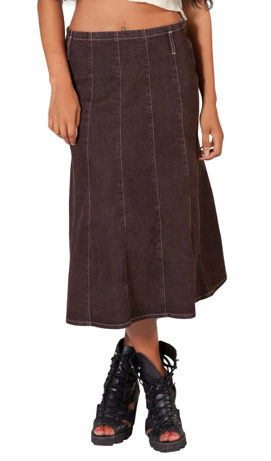 Calf-length Brown Denim Panelled Skirt