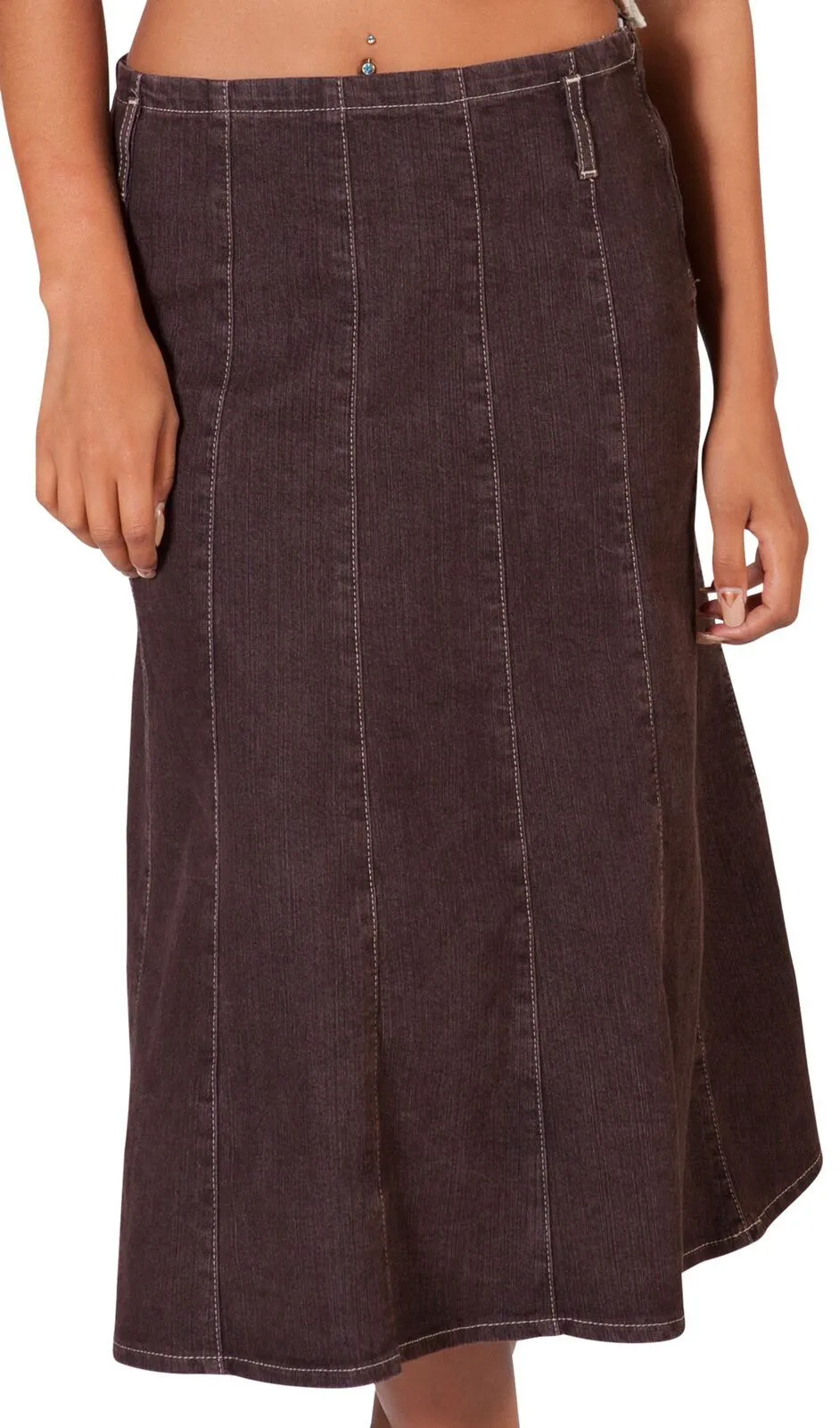 Calf-length Brown Denim Panelled Skirt