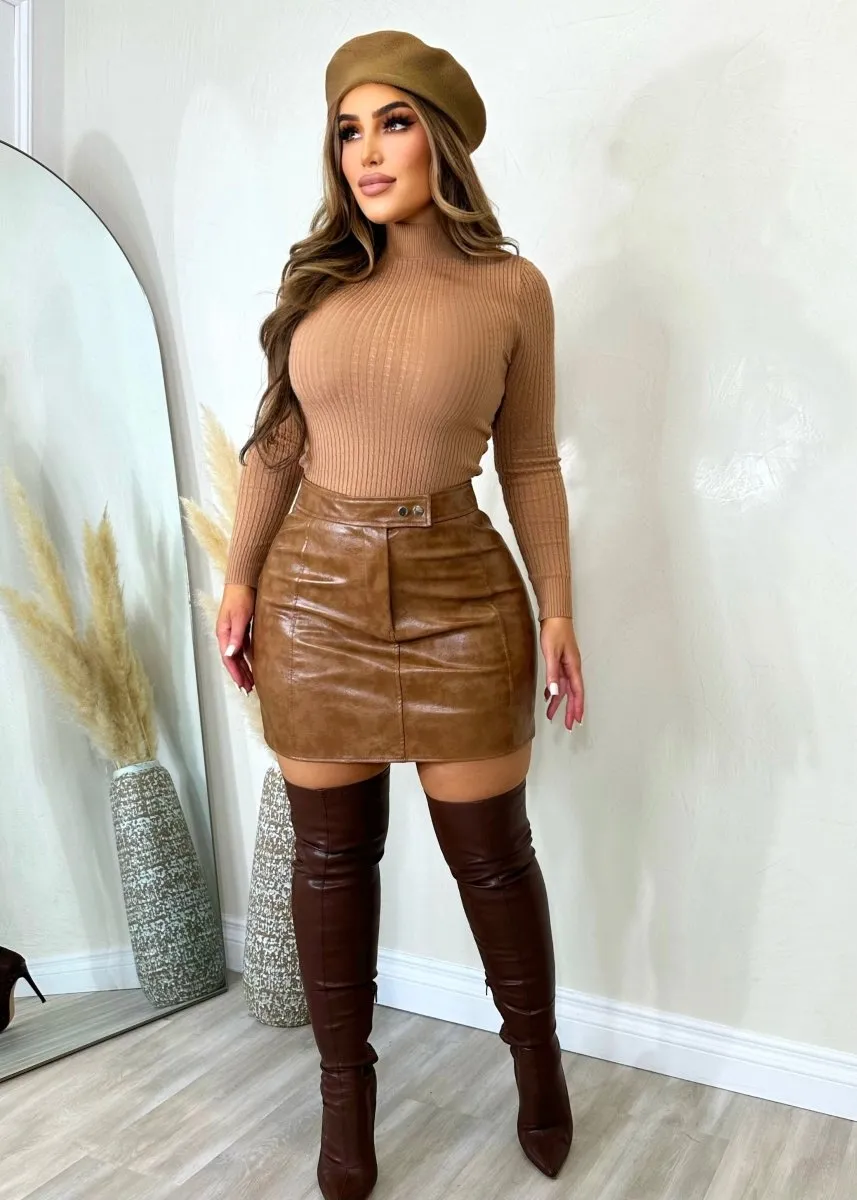 Call It Out Faux Leather Skirt Brown