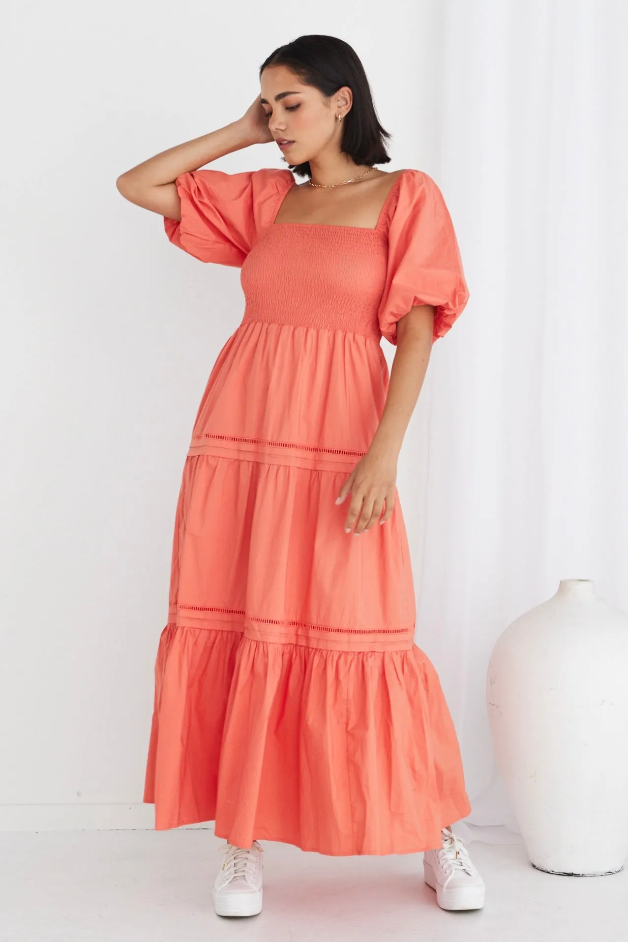 Captivate Watermelon Puff Sleeve Tiered Midi Dress