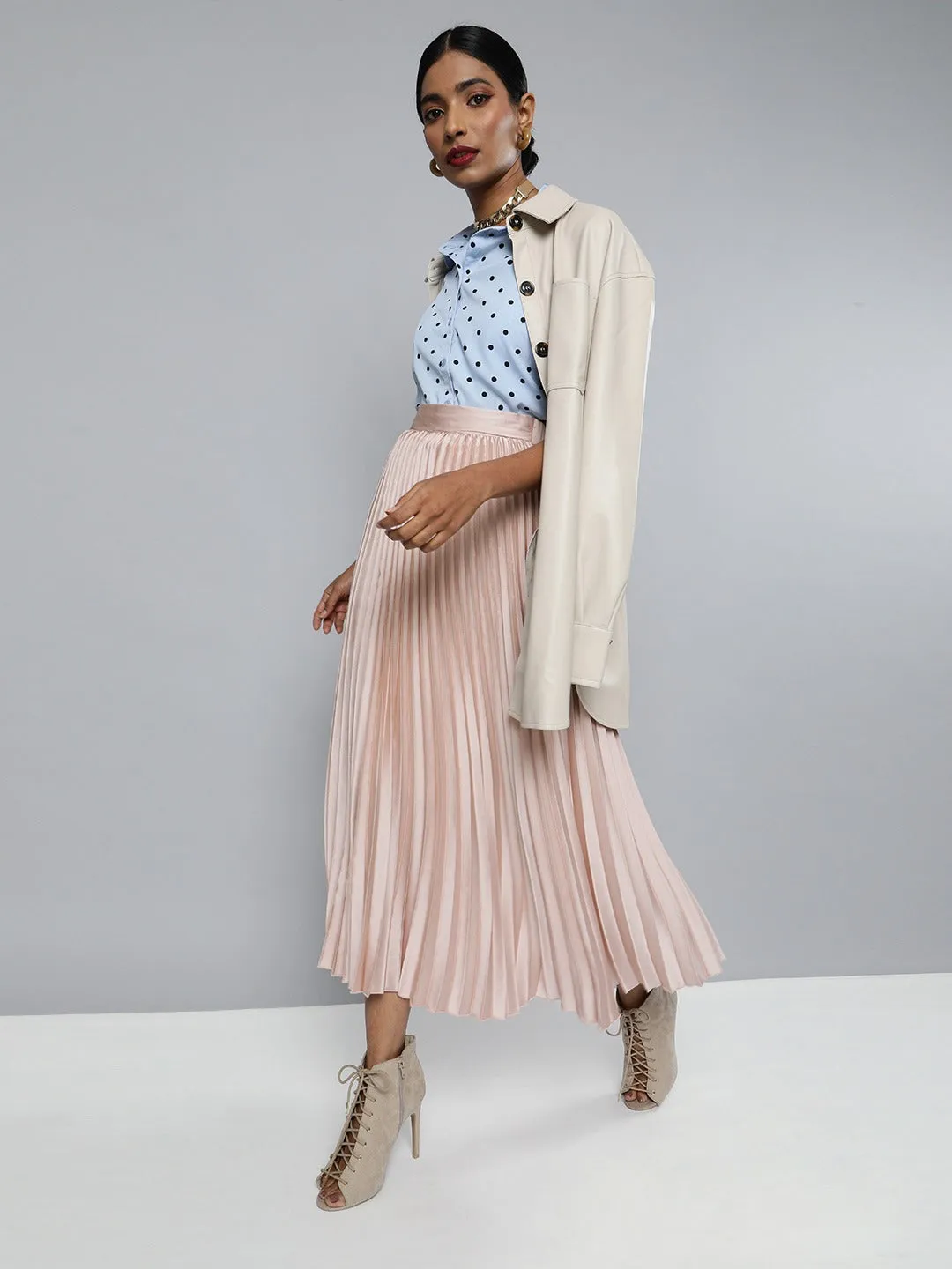 Champagne Pink Satin Pleated Maxi Skirt