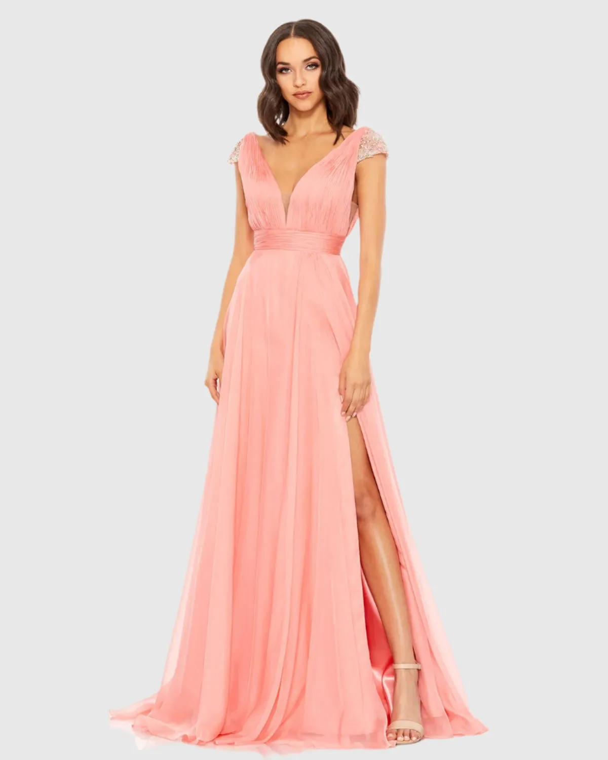 Chiffon Beaded Cap Sleeve A Line Gown