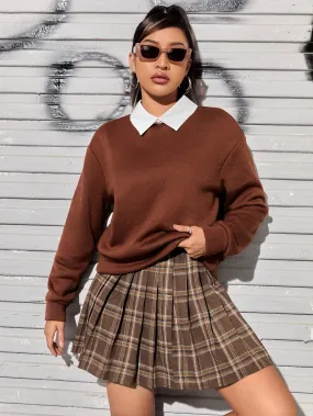 Contrast Collar Drop Shoulder 2 In 1 Pullover Plaid Pleated Skirt