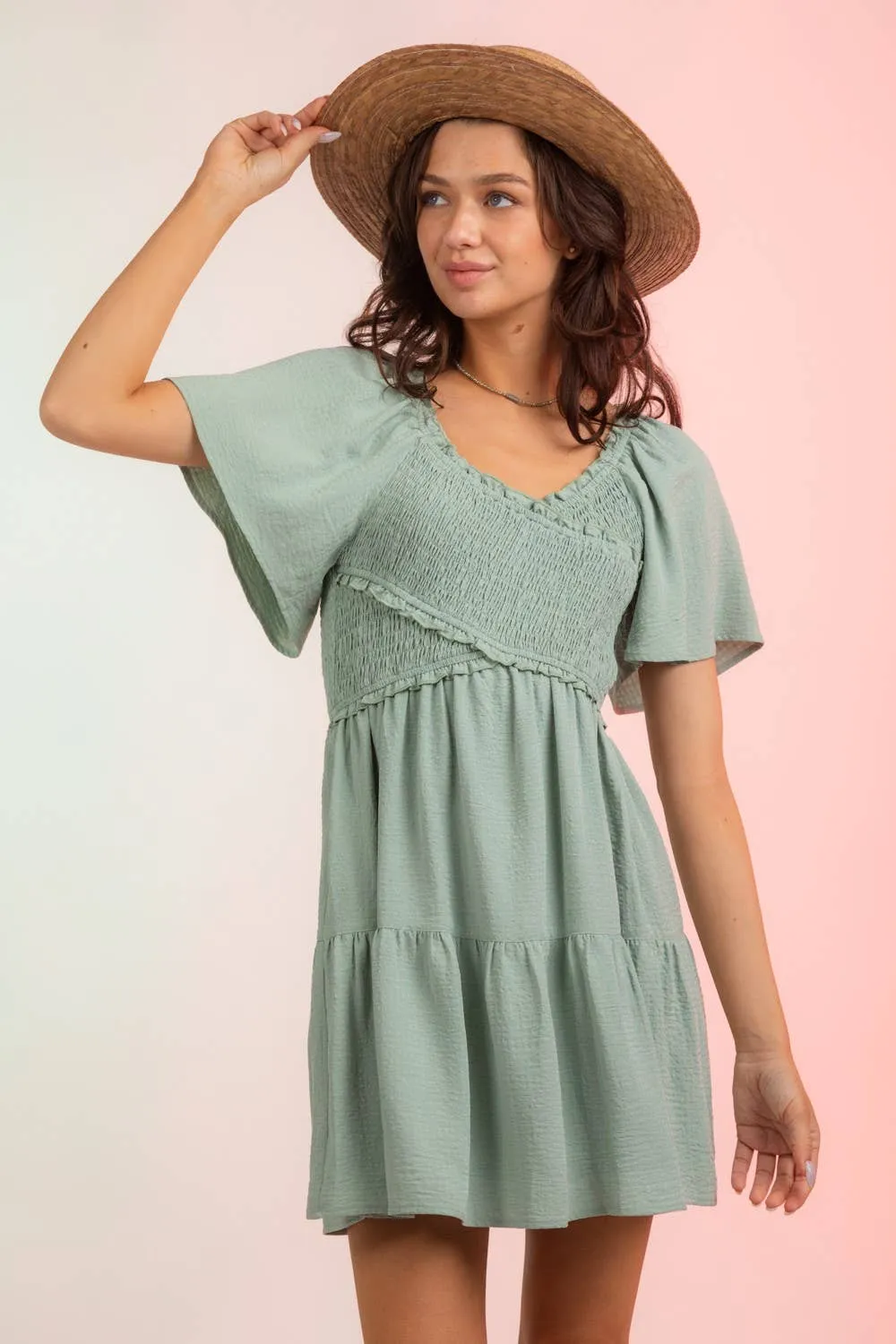 Crossover Smocked Bodice Mini Dress