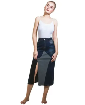 Denim Midi Skirt with stretch - Multi Coloured Denim