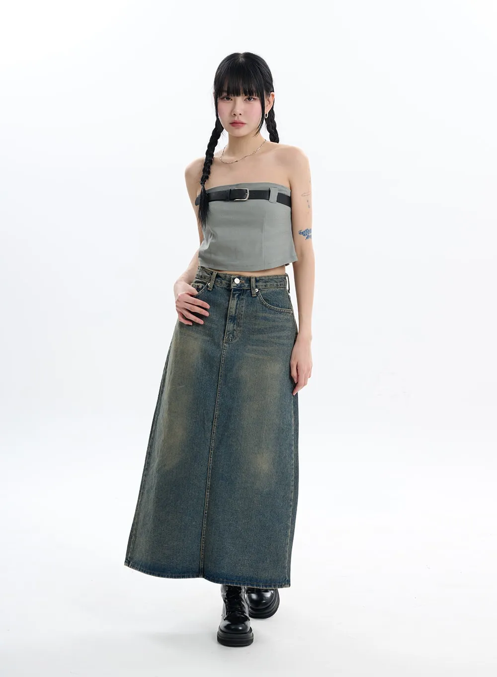 Denim Split Maxi Skirt IF413