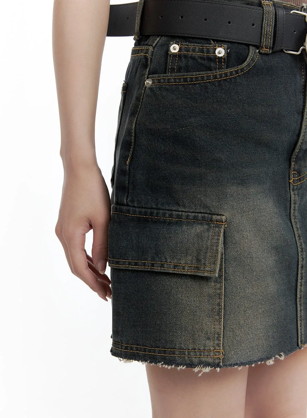 Destroyed Hem Cargo Denim Mini Skirt CA402