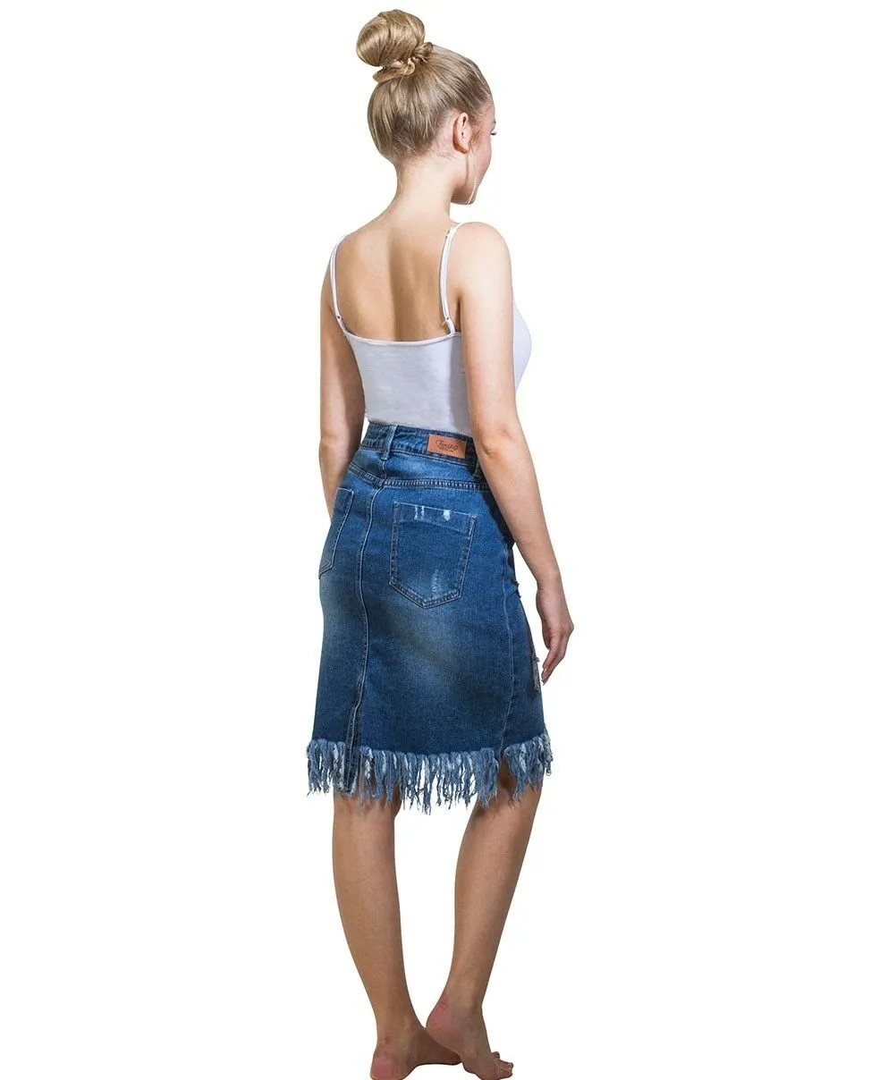 Distressed denim knee-length skirt - Size 8