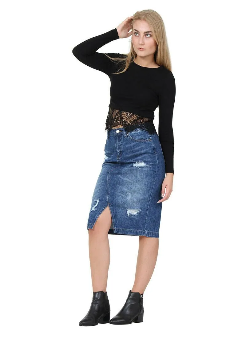 Distressed Denim Pencil Skirt Jean skirt