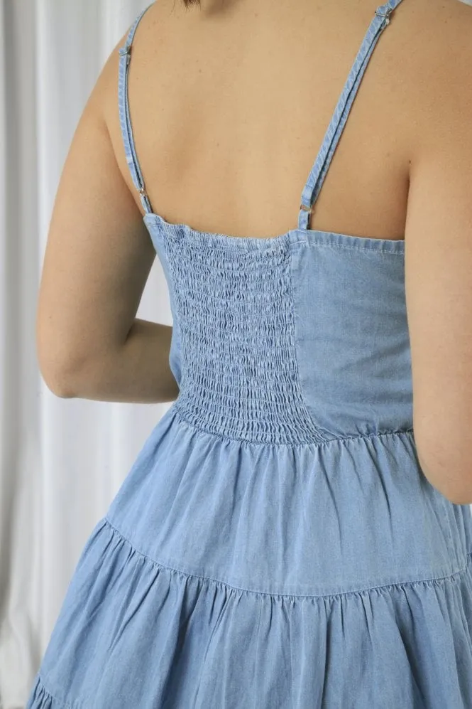 Double Second Blue Tiered Strappy Chambray Denim Dress