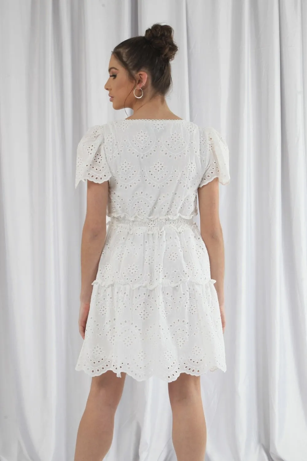 Double Second Puff Sleeve White Broderie Dress