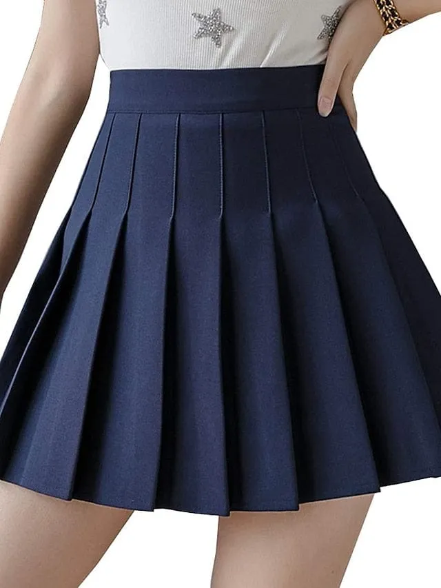 Elegant Pleated Cotton Blend Women's Mini Skirt - Navy/Pink/Black/Coffee - Perfect for Parties and Evenings S M L