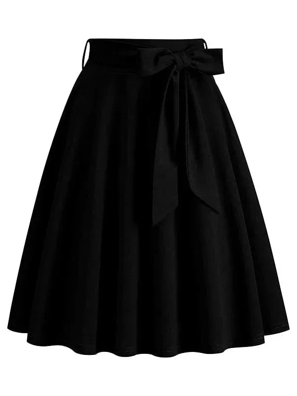 Elegant Vintage High Waist Swing Midi Skirt with Pockets and Belt