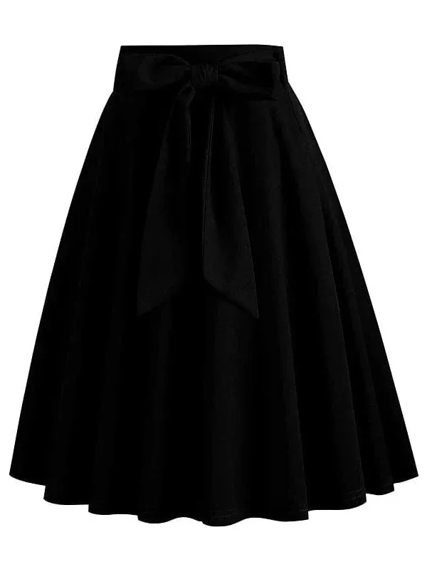 Elegant Vintage High Waist Swing Midi Skirt with Pockets and Belt