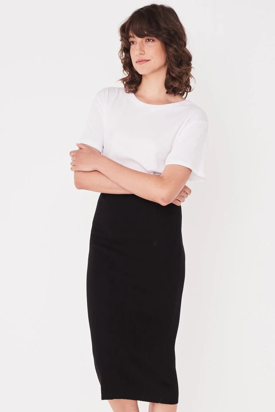 Ella Rib Wool Knit Black Midi Skirt