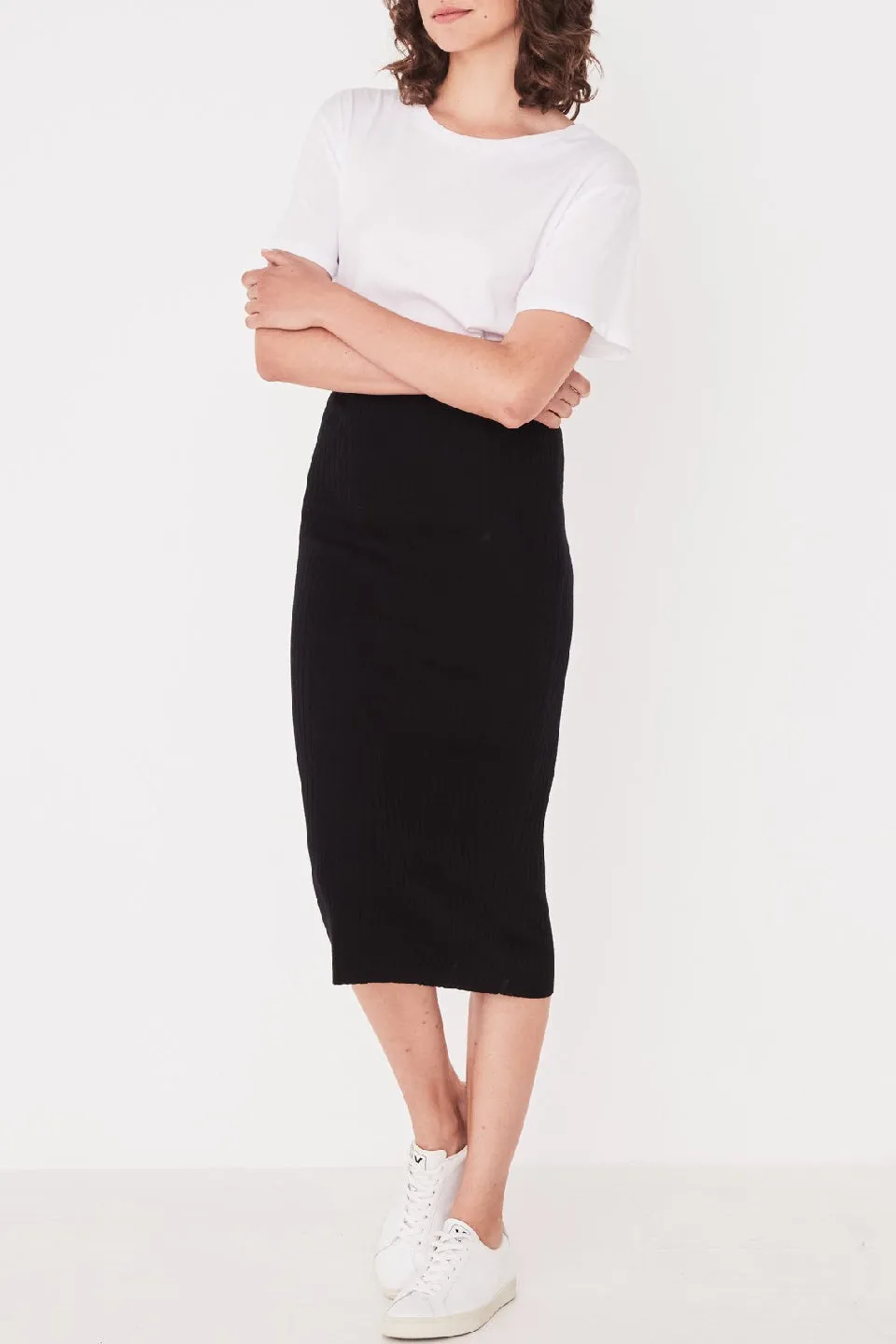 Ella Rib Wool Knit Black Midi Skirt