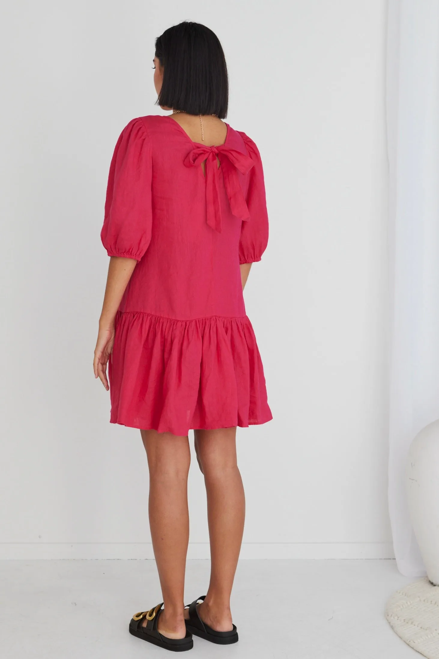 Emelia Raspberry Linen Drop Waist Smock Mini Dress