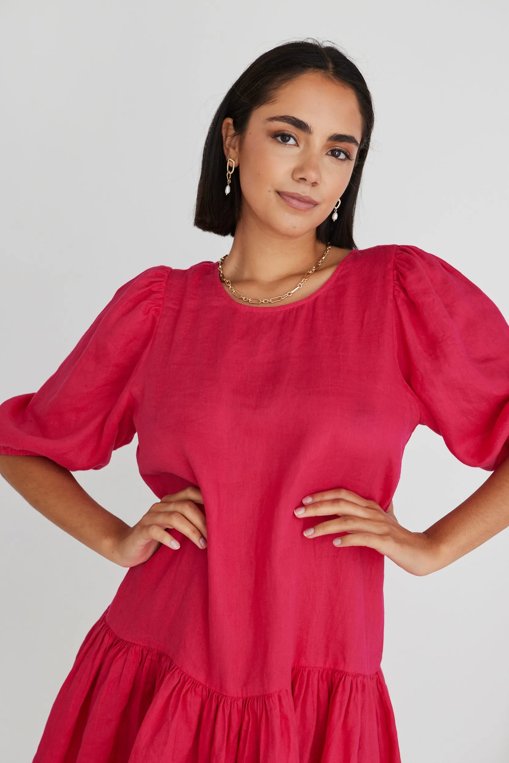 Emelia Raspberry Linen Drop Waist Smock Mini Dress