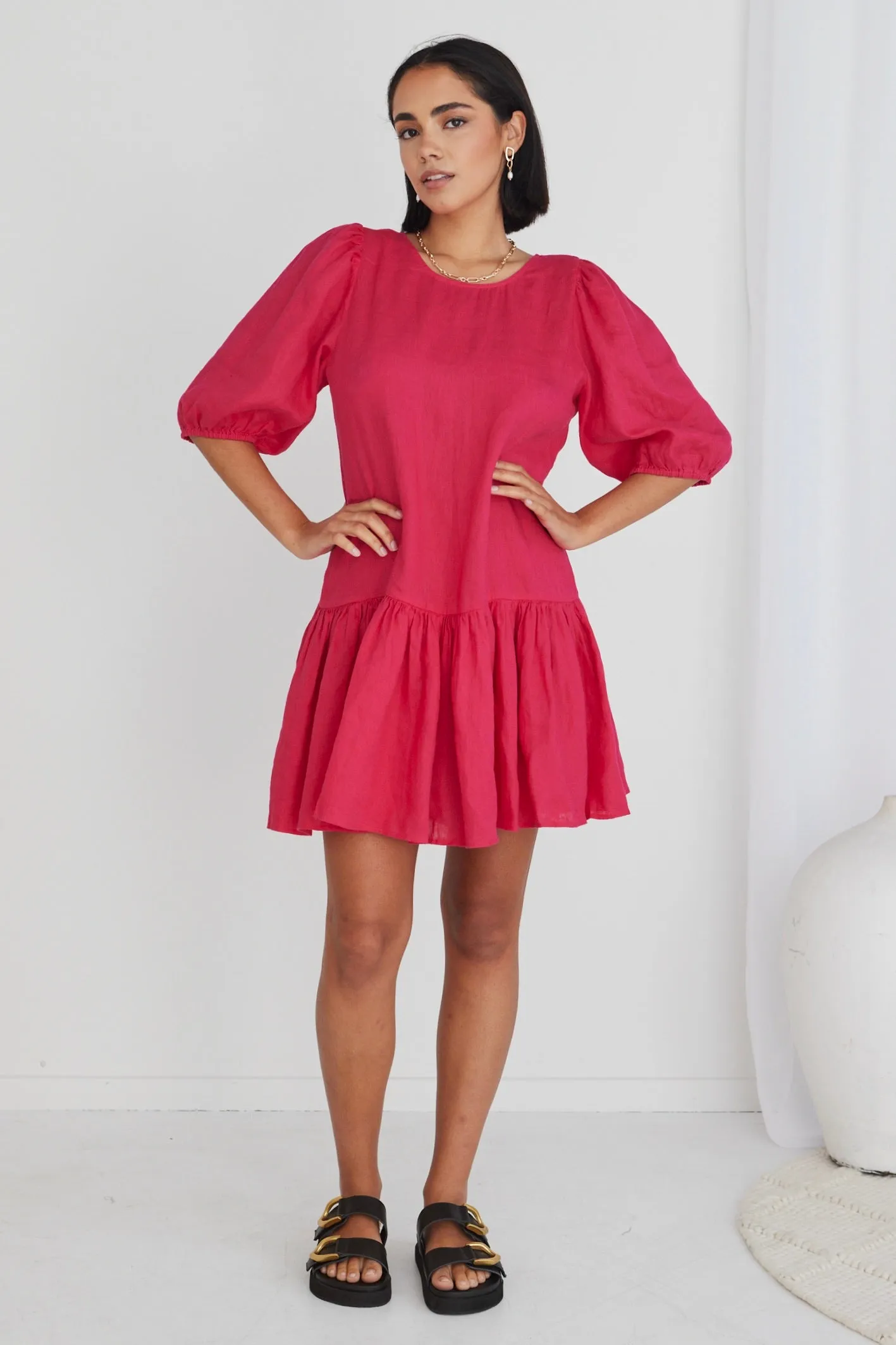 Emelia Raspberry Linen Drop Waist Smock Mini Dress