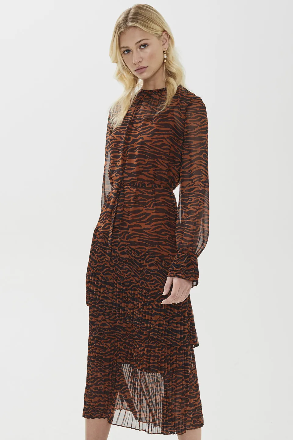 Esmee Zebra Print Toffee LS Midi Dress