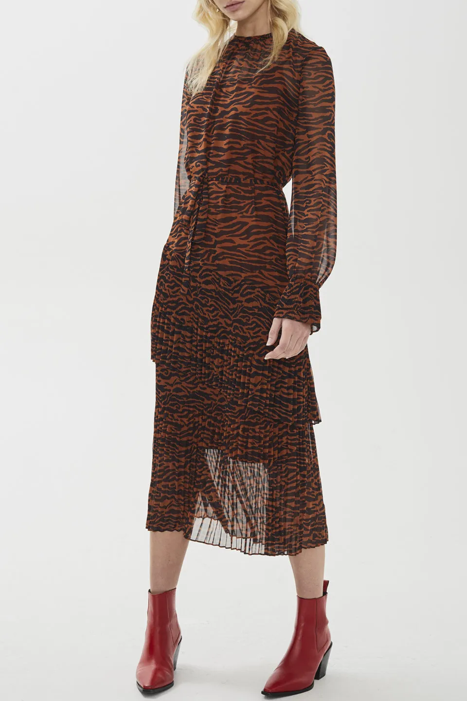 Esmee Zebra Print Toffee LS Midi Dress