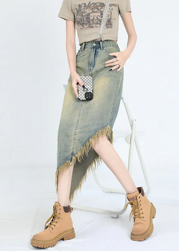 Fashion Blue Asymmetrical Tasseled Denim Skirt Summer EE1012