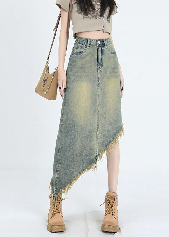 Fashion Blue Asymmetrical Tasseled Denim Skirt Summer EE1012