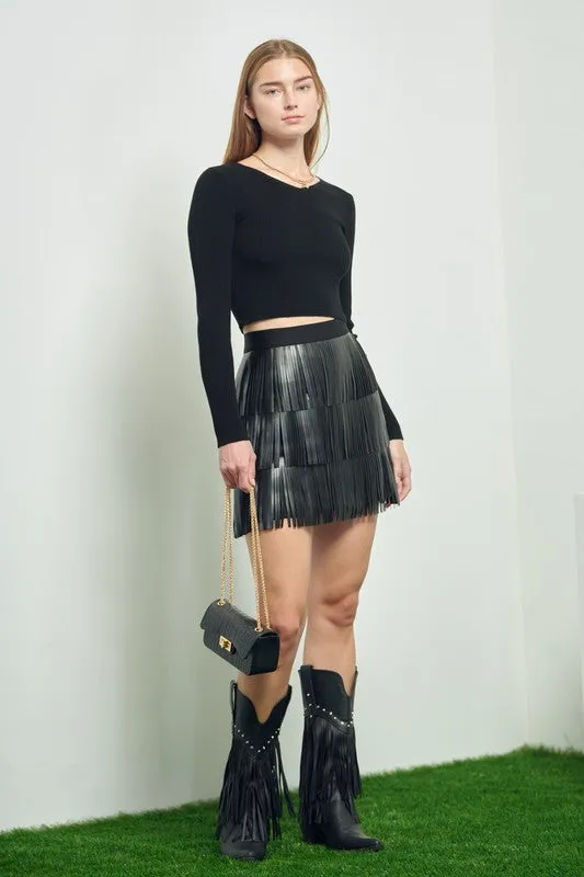 FAUX LEATHER FRINGE MINI SKIRT